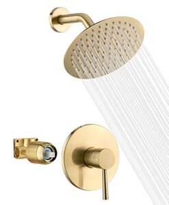 sumerain brushed gold shower faucet set with 8 inches stainless steel rain shower head, solid brass rough in valve