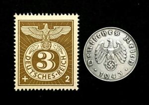 de 1943 old wwii german war ten rp coin & rarest 3pf brown stamp world war 2 artifacts superb gem uncirculated stamp