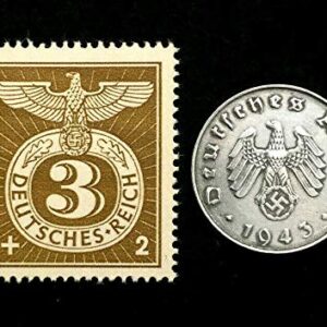 DE 1943 Old WWII German War Ten Rp Coin & RAREST 3pf Brown Stamp World War 2 Artifacts Superb Gem Uncirculated Stamp