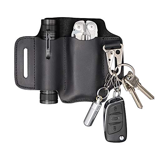 XXL EDC Leather Sheath, Leather Knife Belt Sheath Organizer, Tool Pouch Sheath for Most Leatherman Multitools, Key Ring Holder Fob, Holster for 5 inch Knives, Fit Most Tactical Flashlights. Black.