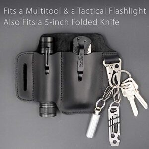 XXL EDC Leather Sheath, Leather Knife Belt Sheath Organizer, Tool Pouch Sheath for Most Leatherman Multitools, Key Ring Holder Fob, Holster for 5 inch Knives, Fit Most Tactical Flashlights. Black.