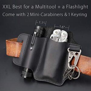 XXL EDC Leather Sheath, Leather Knife Belt Sheath Organizer, Tool Pouch Sheath for Most Leatherman Multitools, Key Ring Holder Fob, Holster for 5 inch Knives, Fit Most Tactical Flashlights. Black.