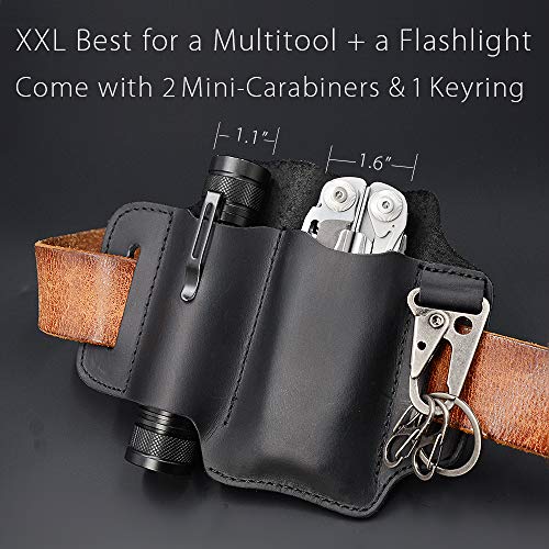 XXL EDC Leather Sheath, Leather Knife Belt Sheath Organizer, Tool Pouch Sheath for Most Leatherman Multitools, Key Ring Holder Fob, Holster for 5 inch Knives, Fit Most Tactical Flashlights. Black.