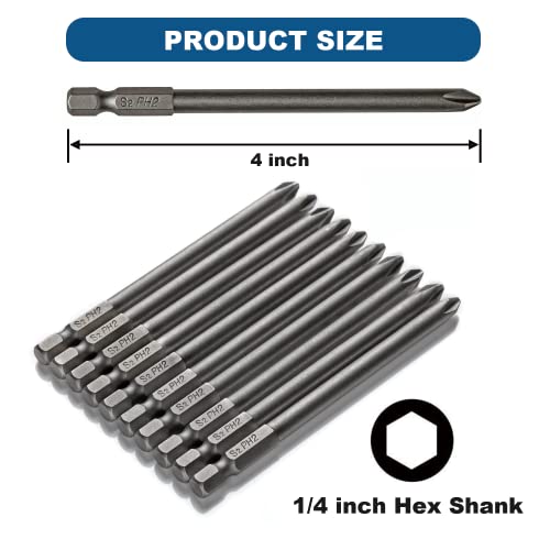 VESTTIO Phillips Cross Slot PH2#2 Long Screwdriver Bit Set 10PCS 1/4 Inch Hex Shank 4 Inch/100 mm Length S2 Steel with Magnetic for Power Screwdriver Drill Impact Driver