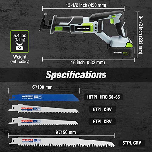 WORKPRO Cordless Reciprocating Saw, 20V 4.0Ah Battery, 1-inch Stroke Length, 4 Saw Blades for Wood & Metal Cutting Included