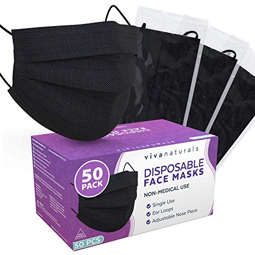 Non-Medical Adult Face Mask (50 Individually Wrapped Masks) - 4-Ply Non-Medical Black Disposable Face Masks, Premium Design With Comfortable Earloops & Adjustable Metal Nose Strip