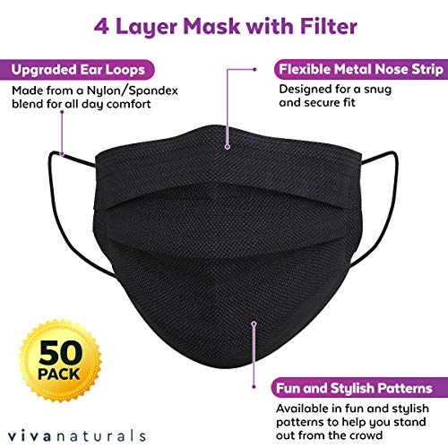 Non-Medical Adult Face Mask (50 Individually Wrapped Masks) - 4-Ply Non-Medical Black Disposable Face Masks, Premium Design With Comfortable Earloops & Adjustable Metal Nose Strip