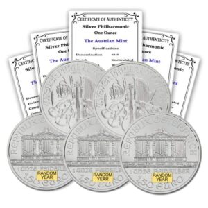 2008 - present (random year) lot of (5) 1 oz austrian silver vienna philharmonic coins brilliant uncirculated (bu) with certificates of authenticity 1.50 € bu