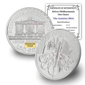 2008 - Present (Random Year) Lot of (5) 1 oz Austrian Silver Vienna Philharmonic Coins Brilliant Uncirculated (BU) with Certificates of Authenticity 1.50 € BU