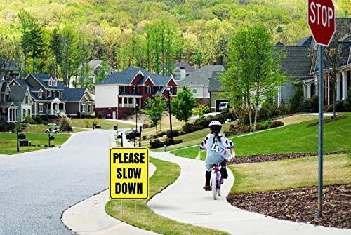 2PC Please Slow Down Signs with Stake, 13"x17" - Double Sided Signs - Corrugated Plastic - Kids Playing Sign for Street - Children at Play Safety Signs