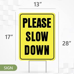 2PC Please Slow Down Signs with Stake, 13"x17" - Double Sided Signs - Corrugated Plastic - Kids Playing Sign for Street - Children at Play Safety Signs