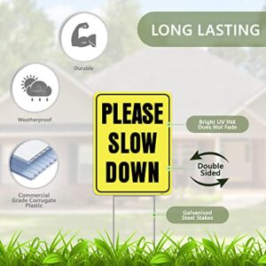 2PC Please Slow Down Signs with Stake, 13"x17" - Double Sided Signs - Corrugated Plastic - Kids Playing Sign for Street - Children at Play Safety Signs