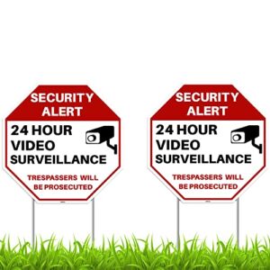 2pc 24 hour video surveillance sign with stakes, 13"x13" - corrugated plastic - no trespassing signs for home outdoor yard - private property security camera alert warning