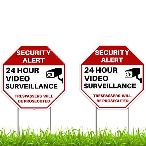 2PC 24 Hour Video Surveillance Sign with Stakes, 13"x13" - Corrugated Plastic - No Trespassing Signs for Home Outdoor Yard - Private Property Security Camera Alert Warning