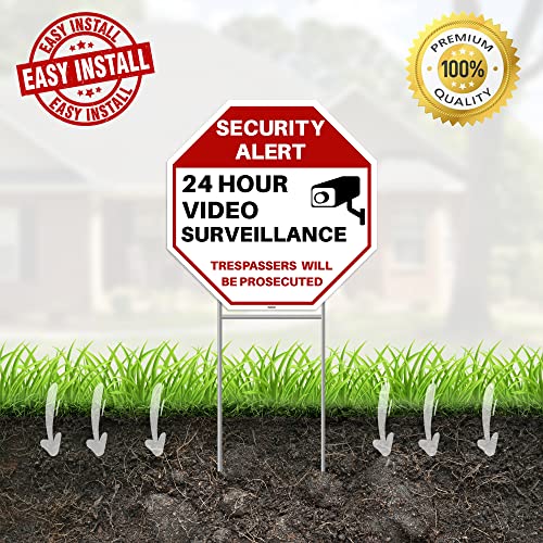 2PC 24 Hour Video Surveillance Sign with Stakes, 13"x13" - Corrugated Plastic - No Trespassing Signs for Home Outdoor Yard - Private Property Security Camera Alert Warning