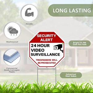 2PC 24 Hour Video Surveillance Sign with Stakes, 13"x13" - Corrugated Plastic - No Trespassing Signs for Home Outdoor Yard - Private Property Security Camera Alert Warning