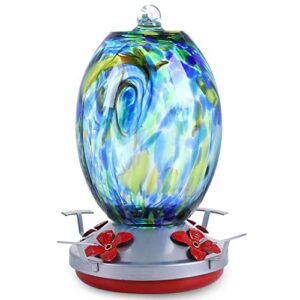jalamwang hummingbird feeder for outdoors hanging, 25 ounces, hand blown glass, leak proof rustproof, containing ant moat, for attract hummingbird garden decoration etc(blue starry night)