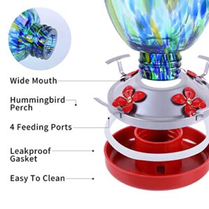 JALAMWANG Hummingbird Feeder for Outdoors Hanging, 25 Ounces, Hand Blown Glass, Leak Proof Rustproof, Containing Ant Moat, for Attract Hummingbird Garden Decoration etc(Blue Starry Night)