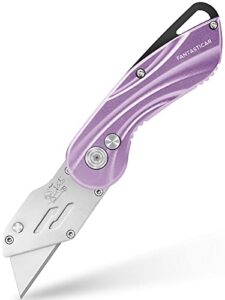 fantasticar folding box cutter, quick blade change utility knife, with anti-slip metal body, safety lock, 5 extra blades (purple streamline)