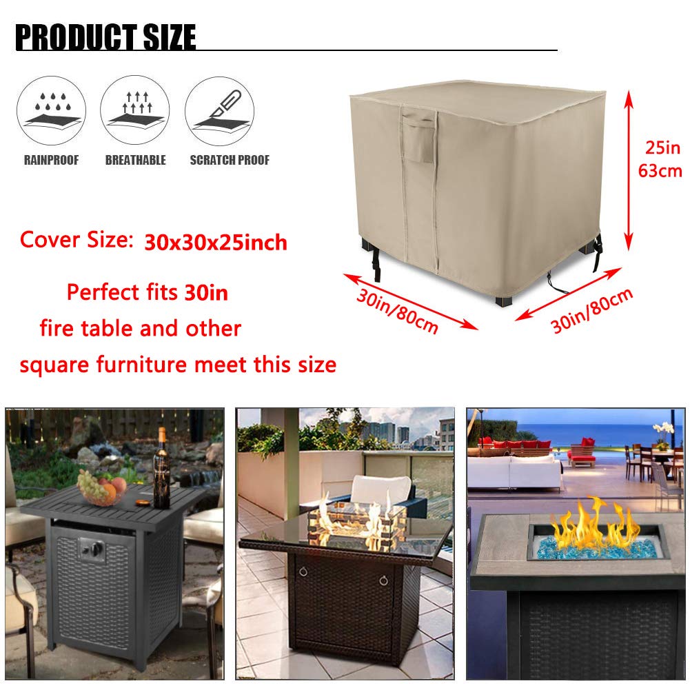 POMER Fire Pit Cover, 30inch Square Outdoor Gas Fireplace Cover Beige Waterproof Firepit Covers for Propane Fire Pit Table - 30x30x25inch