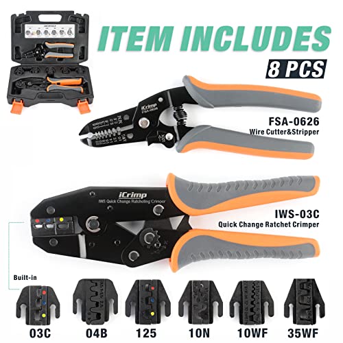 iCrimp Ratcheting Crimping Tool Set 8 PCS - Quick Exchange Jaw for Heat Shrink, Open Barrel, Insulated and Non-Insulated Ferrules AWG 20-2