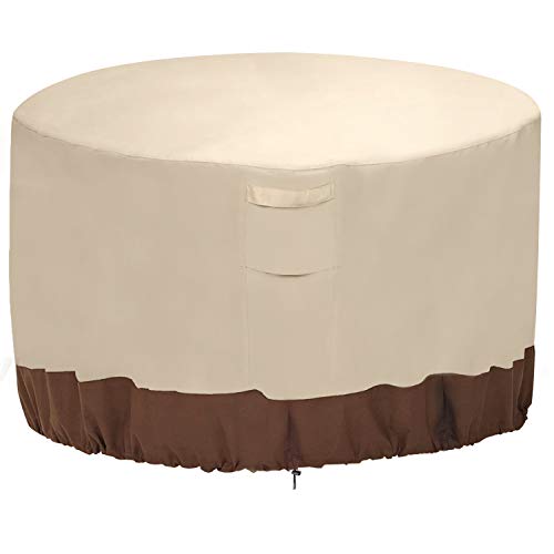 Vailge Fire Pit Cover,100% Waterproof Round Patio Fire Bowl Cover,Outdoor Heavy Duty Gas Firepit Table Covers with Air Vent and Handle,50”D x 24”H,Beige & Brown