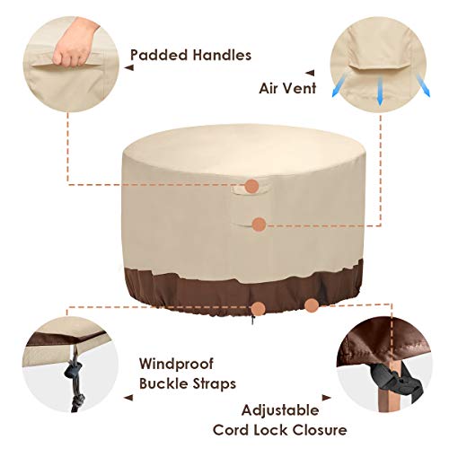 Vailge Fire Pit Cover,100% Waterproof Round Patio Fire Bowl Cover,Outdoor Heavy Duty Gas Firepit Table Covers with Air Vent and Handle,50”D x 24”H,Beige & Brown