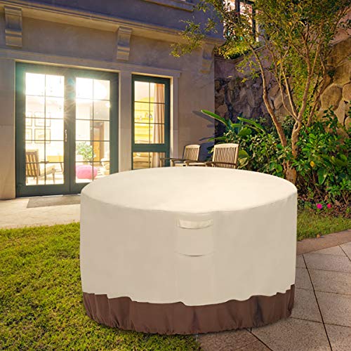 Vailge Fire Pit Cover,100% Waterproof Round Patio Fire Bowl Cover,Outdoor Heavy Duty Gas Firepit Table Covers with Air Vent and Handle,50”D x 24”H,Beige & Brown