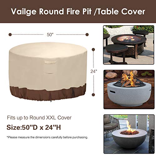 Vailge Fire Pit Cover,100% Waterproof Round Patio Fire Bowl Cover,Outdoor Heavy Duty Gas Firepit Table Covers with Air Vent and Handle,50”D x 24”H,Beige & Brown