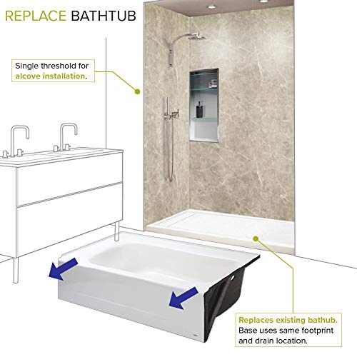 Transolid FLU6030R-31 Linear 60-in W x 30-in L Rectangular Concealed End Tub Replacement Shower Base with Right Hand Drain, White