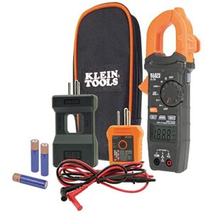 klein tools cl120kit clamp meter electrical test kit, ac auto ranging 400 amp, backlit display, includes gfci tester-line splitter-pouch-leads-3 x aaa