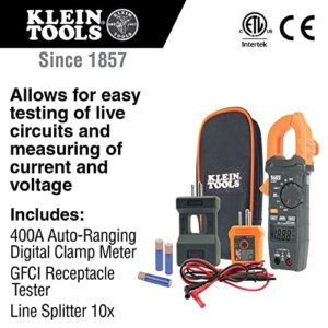 Klein Tools CL120KIT Clamp Meter Electrical Test Kit, AC Auto Ranging 400 Amp, Backlit Display, Includes GFCI Tester-Line Splitter-Pouch-Leads-3 x AAA