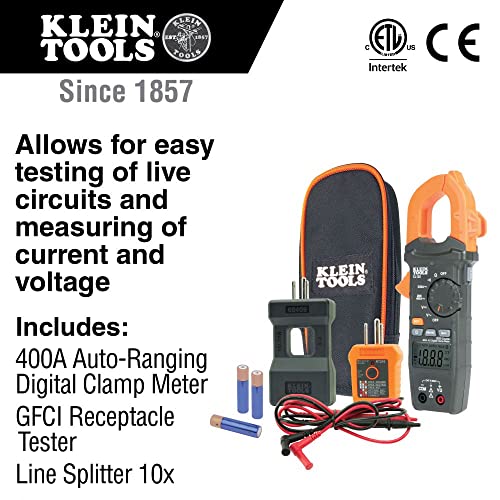 Klein Tools CL120KIT Clamp Meter Electrical Test Kit, AC Auto Ranging 400 Amp, Backlit Display, Includes GFCI Tester-Line Splitter-Pouch-Leads-3 x AAA