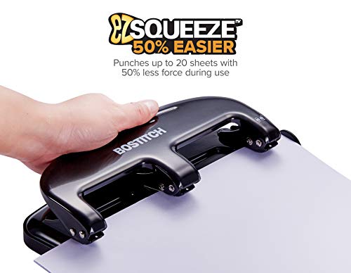 Bostitch Office EZ Squeeze 20 Sheet Standard 3 Hole Punch, Metal Construction, Silver/Black (HP20)