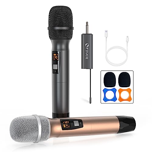 FDUCE Wireless Microphone, Karaoke Mic, UHF Dual Handheld Dynamic System with Rechargeable Receiver for Party, Church, Meeting, Wedding, 260ft (Grey and Gold)