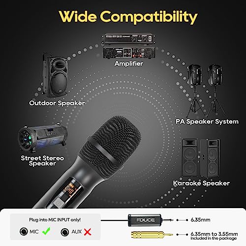 FDUCE Wireless Microphone, Karaoke Mic, UHF Dual Handheld Dynamic System with Rechargeable Receiver for Party, Church, Meeting, Wedding, 260ft (Grey and Gold)