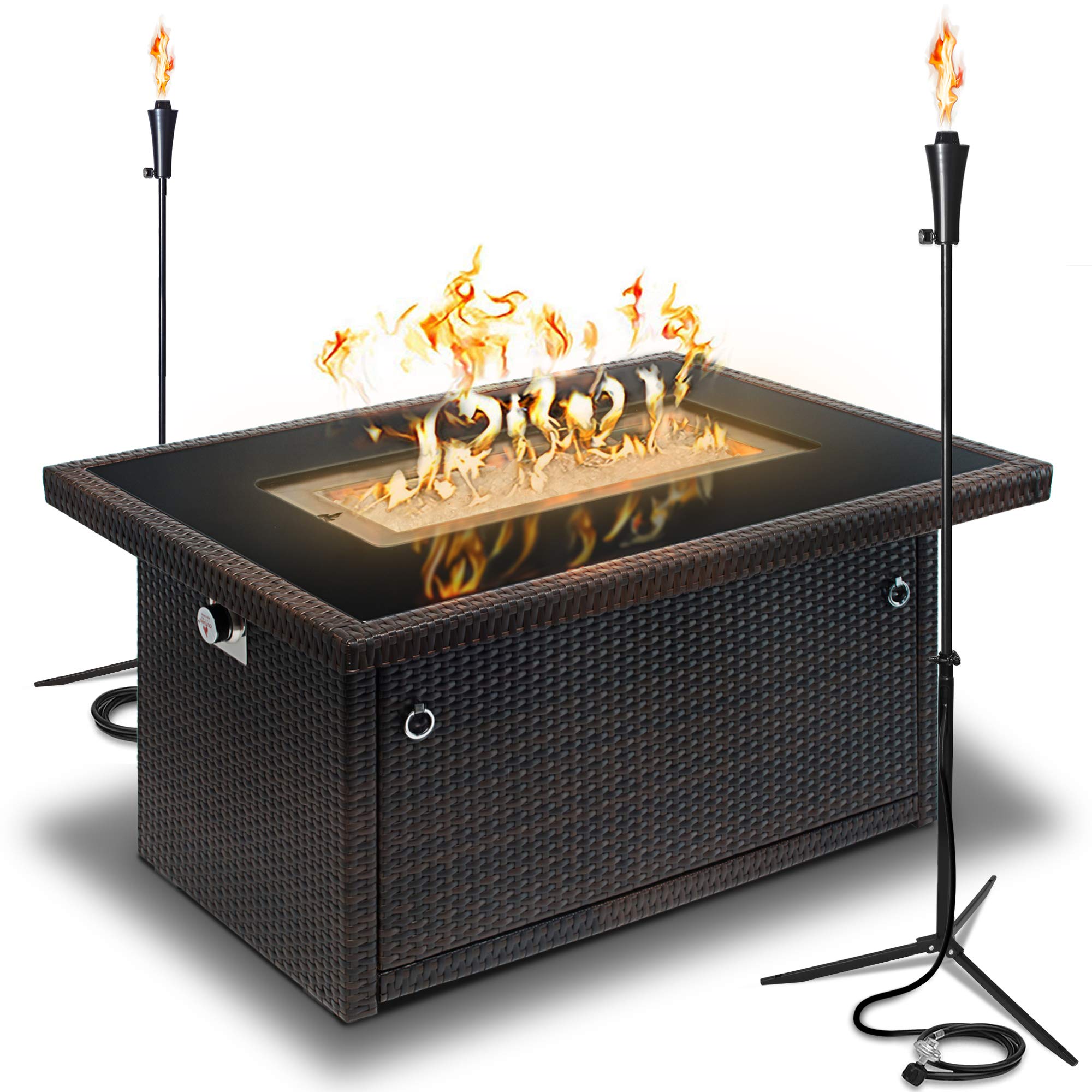 Outland Living Series 403 Brown 44-Inch Outdoor Propane Gas Fire Pit Table, Black Tempered Tabletop w/Arctic Ice Glass Rocks and Resin Wicker Panels (Espresso Brown/2-Pack 20 LB Tonga Torch)