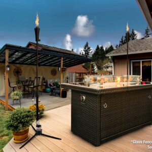 Outland Living Series 403 Brown 44-Inch Outdoor Propane Gas Fire Pit Table, Black Tempered Tabletop w/Arctic Ice Glass Rocks and Resin Wicker Panels (Espresso Brown/2-Pack 20 LB Tonga Torch)