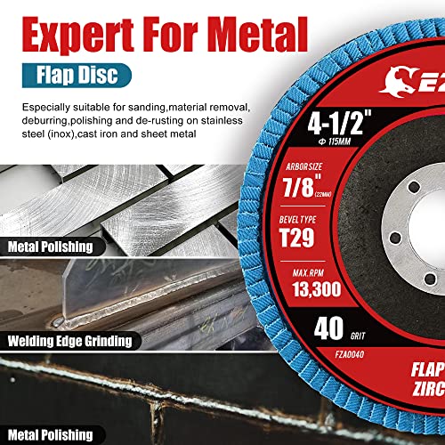 EZARC Flap Discs 40 Grit, 4 1/2 x 7/8-Inch Flap Sanding Disc, Type 29 Zirconia Grinding Wheel for Stainless Steel, Sheet Metal (10 Pack)