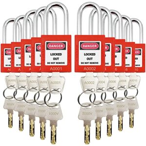 safby 10 keyed different lockout tagout lock - loto safe padlocks for lock out tag out stations and devices (red, key different)