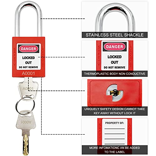 SAFBY 10 Keyed Different Lockout Tagout Lock - Loto Safe Padlocks for Lock Out Tag Out Stations and Devices (Red, Key Different)