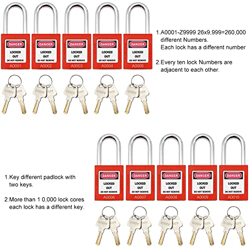 SAFBY 10 Keyed Different Lockout Tagout Lock - Loto Safe Padlocks for Lock Out Tag Out Stations and Devices (Red, Key Different)