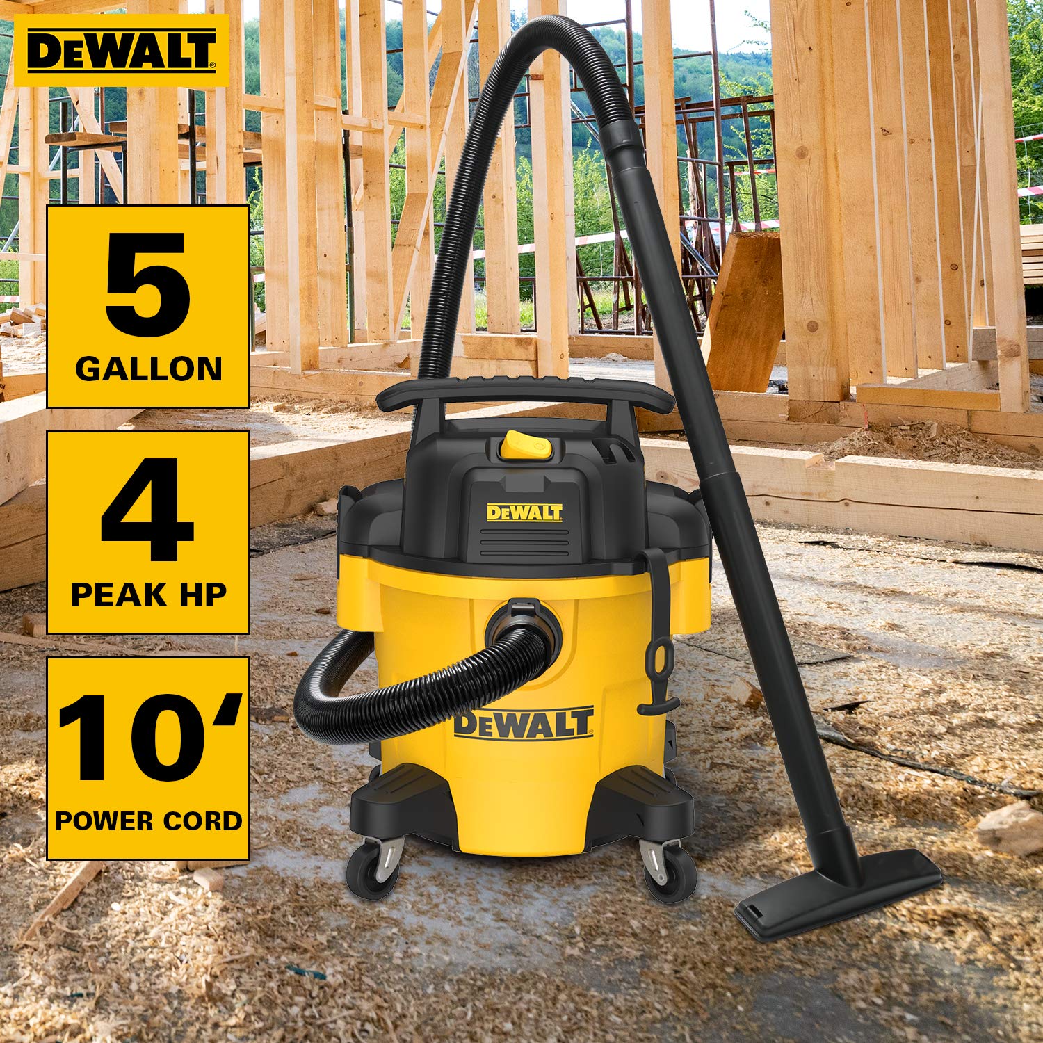 DEWALT DXV05P 5Gallon Poly Wet/Dry, 4 Peak HP Shop Vacuums, 5 Gallon, Yellow+Black