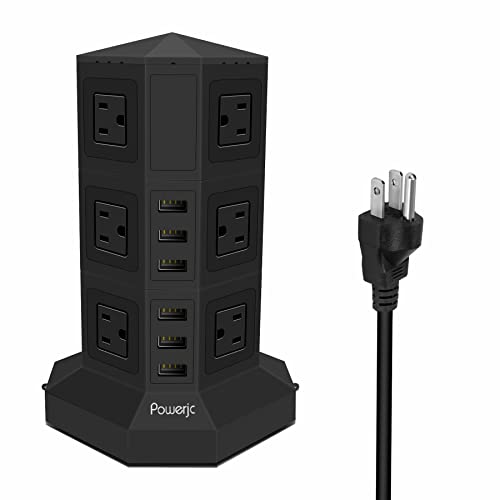 Powerjc Tower Power Strip Surge Protector Socket 12 AC Outlets Smart 6 USB Ports Chargers 10 Feet Long Extension Cord Indoor Black