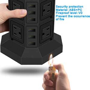 Powerjc Tower Power Strip Surge Protector Socket 12 AC Outlets Smart 6 USB Ports Chargers 10 Feet Long Extension Cord Indoor Black