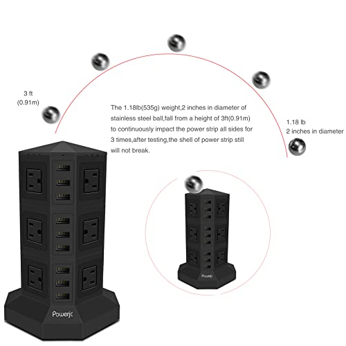 Powerjc Tower Power Strip Surge Protector Socket 12 AC Outlets Smart 6 USB Ports Chargers 10 Feet Long Extension Cord Indoor Black