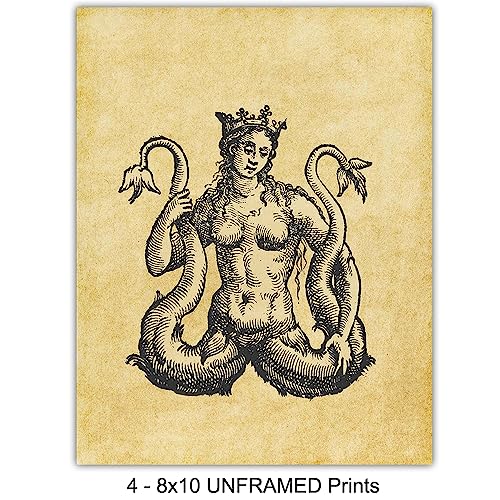 Vintage Goth Gothic Wall Art Prints - Mythical Creatures, Gargoyle Home Decor Poster Set- 8x10 Chic Home Decor for Man Cave, Rec Room, Bedroom, Living Room, Bar - Gift for Steampunk Fan