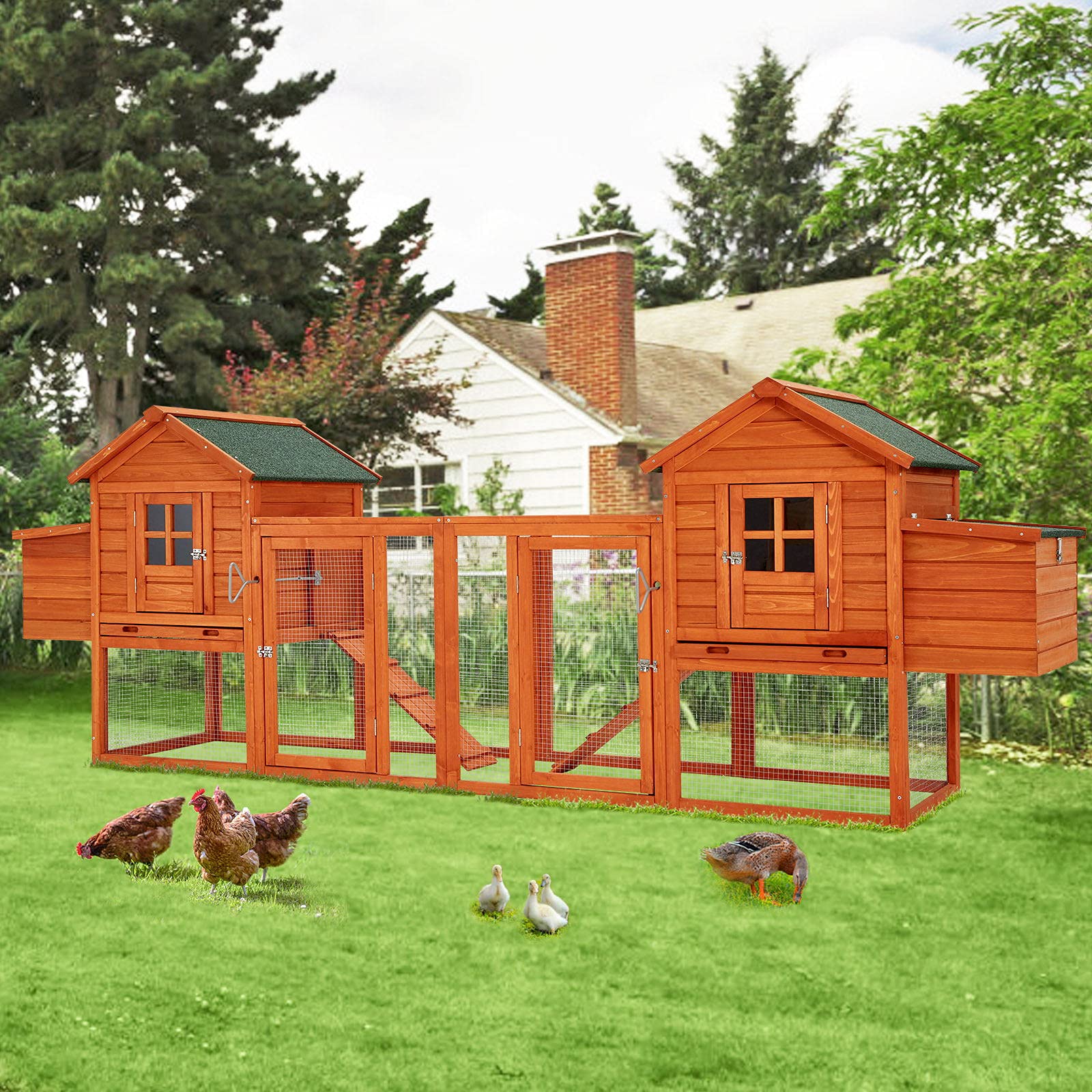 Esright 144” Large Wooden Chicken Coop, Outdoor Hens House with Ramps and Nesting Boxes