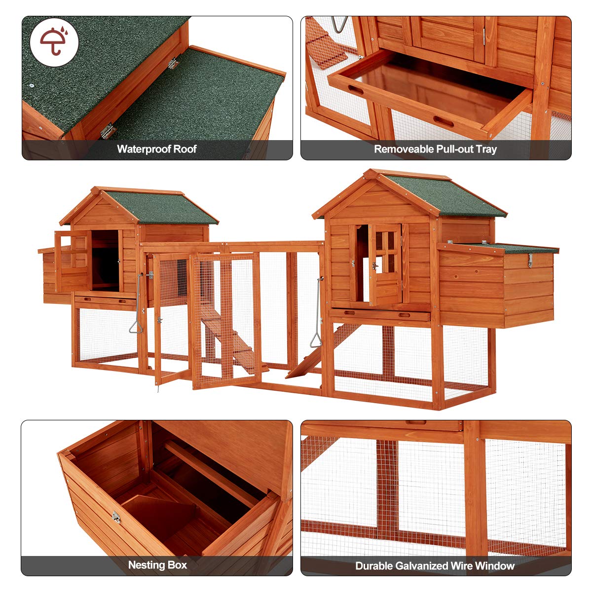 Esright 144” Large Wooden Chicken Coop, Outdoor Hens House with Ramps and Nesting Boxes