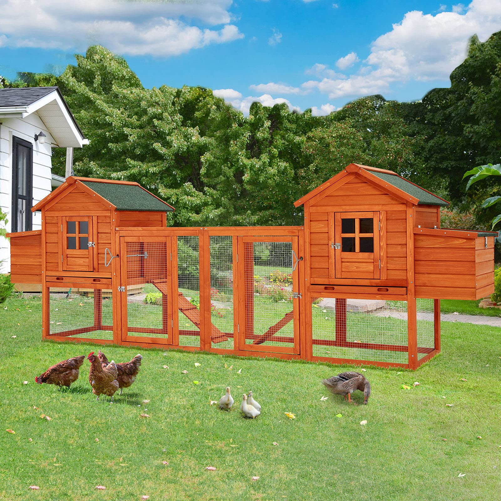 Esright 144” Large Wooden Chicken Coop, Outdoor Hens House with Ramps and Nesting Boxes